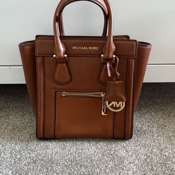 Michael Kors Brown Leather Colette Zip-Top Satchel Bag Crossbody - Picture 1 of 7